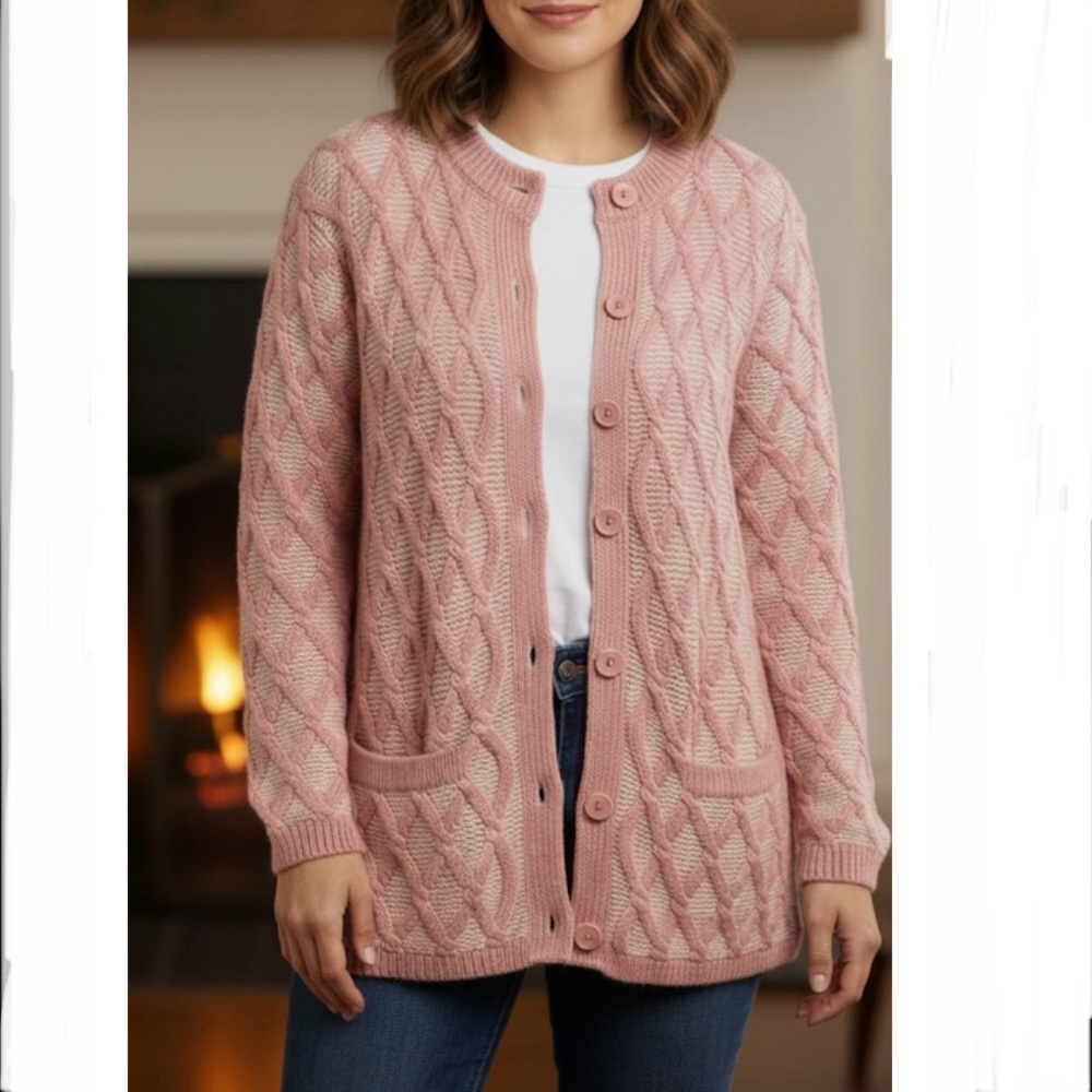 Aran Crafts Coral Merino Wool Button Up Cardigan Cable Sweater Size MEDIUM